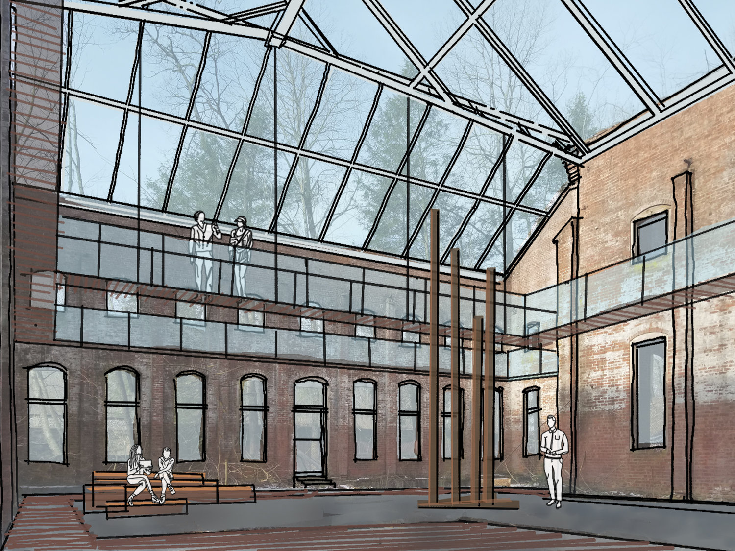 The vision for what the pumphouse could become. A glass roof, steel catwalks, a sculpture garden and a pop-up food court have all been proposed and incorporated into this rendering from the architect.